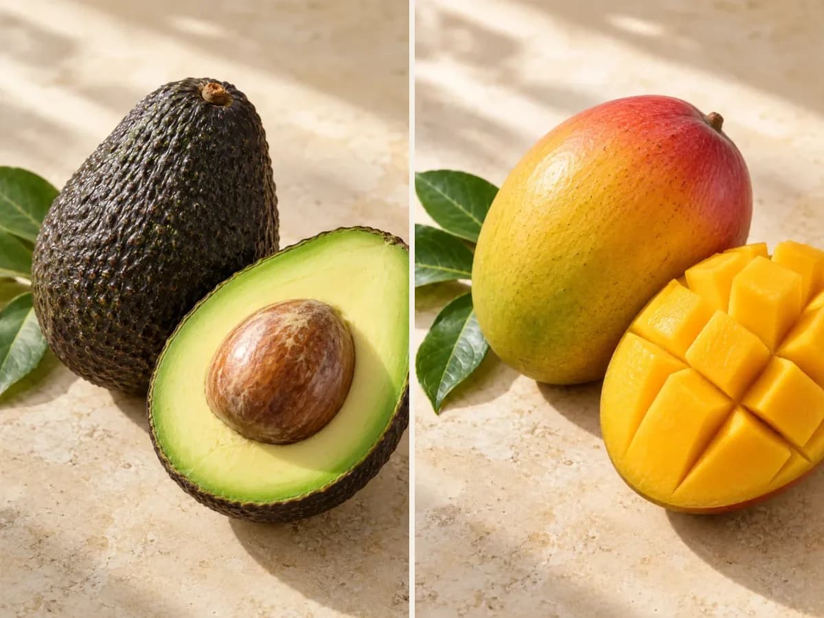 Yarım kesilmiş taze avokado ve mango