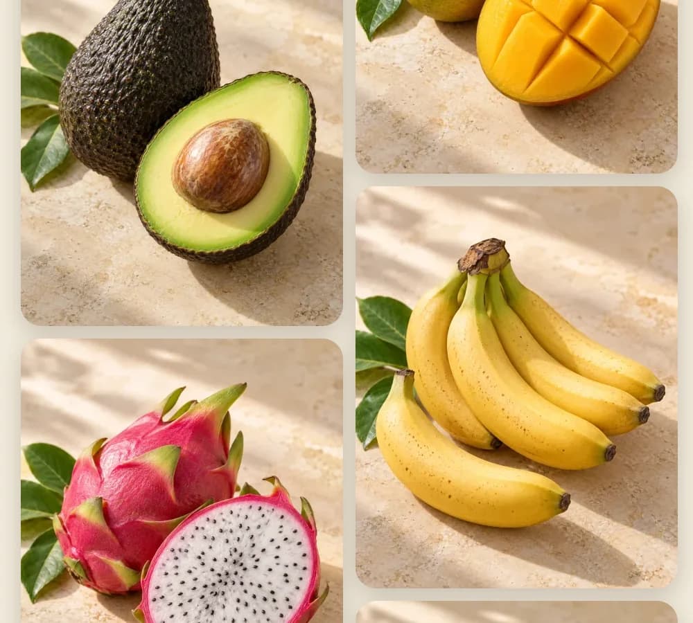 Avokado, ejderha meyvesi, mango, muz, çarkıfelek ve limondan oluşan taze egzotik meyve seçkisi